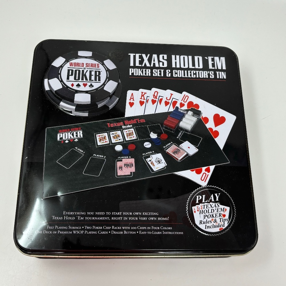 World Series of Poker Texas Hold 'Em Poker Set in Tin Chips Cards Felt Surface
